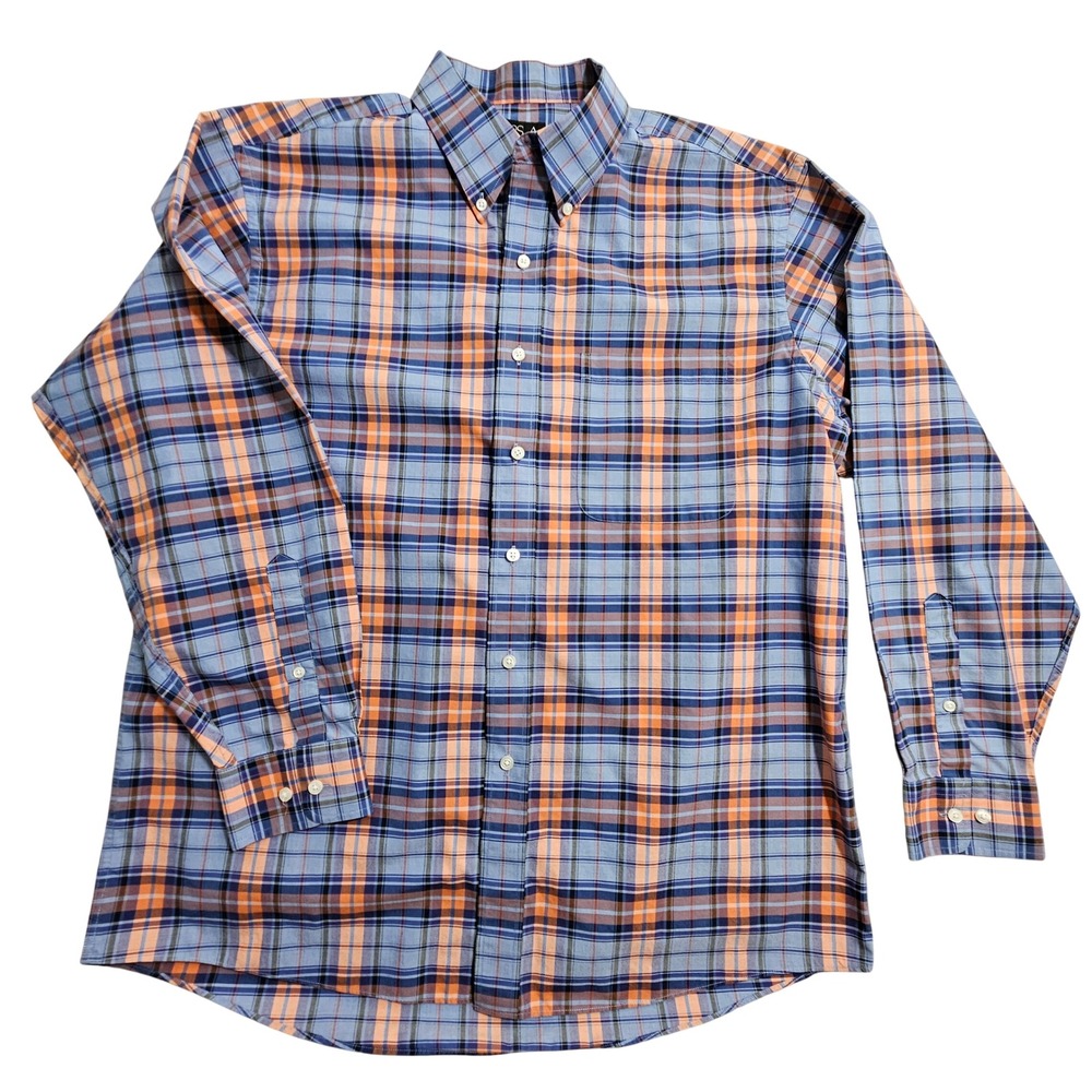 Jos. A. Bank Button Down Shirt Mens L‎ Blue Orange Plaid Traveler's Collection